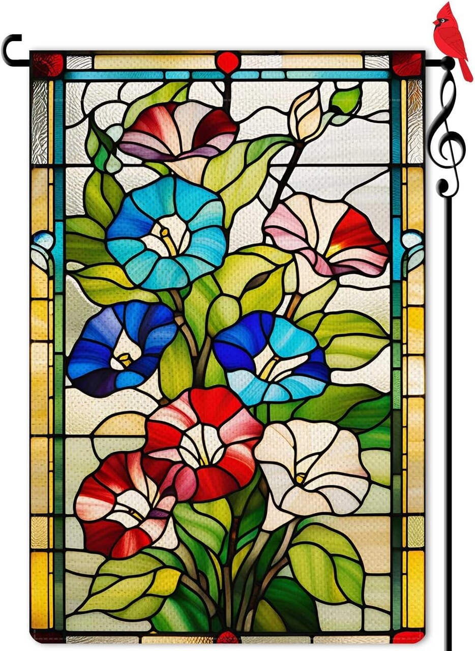 Spring Morning Glory Garden Flag – 12.5x18 Inch Double-Sided Outdoor Burlap Flag with Colorful Stained Glass Floral Design, Welcome Flag for Yard, Lawn, and Seasonal Decor